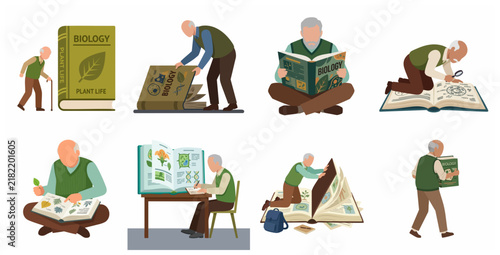 Flat vector illustration set of an elderly man studying biology and botany, featuring various poses like reading, researching with a magnifying glass, and examining plant specimens.