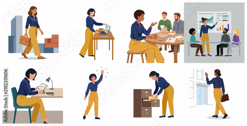 Professional Business Women Vector Illustration Set in Various Workplace Scenarios and Office Activities