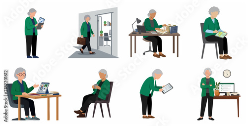Elderly professional woman working in office with digital tablet and laptop flat vector illustration set