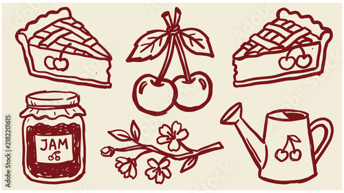 Collection of hand drawn fruit and garden themed sketches including cherry pie and jam jar with watering can cherry blossoms fruit illustration doodle sketch bakery theme garden tools