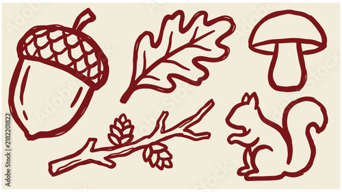 Red ink hand drawn sketch vector illustration of autumn woodland elements including acorn oak leaf mushroom tree branch squirrel with line art white background mushroom squirrel woodland