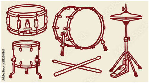Red ink hand drawn sketch vector illustration of drum set components including snare drum tom-tom bass drum hi-hat drumsticks with hi hat musical instrument line art white background