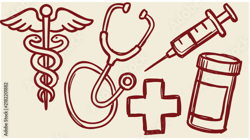 Hand drawn medical equipment and healthcare symbols sketch collection with medical cross pill bottle first aid stethoscope caduceus healthcare medicine hospital illustration