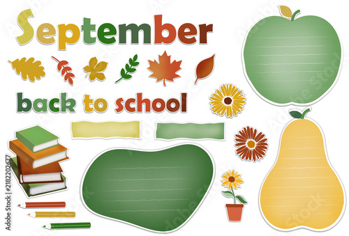 September collection of graphic elements in autumn style including leaves, apples , flowers ,stack of books , pens, and note pages. Autumn set back to school education stickers .