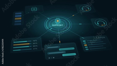 Service Desk Routing Support Interface Animation, Tech Support Dashboard, Customer Service Visualization, Data Analytics Motion Graphics, Network Connection Graphic, Interactive Support System, Call