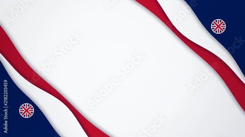 Patriotic abstract background inspired by the United Kingdom flag: flowing ribbon paper cut layers in red, white and royal blue with a circular Union Jack badge locked onto the blue band, arranged as 