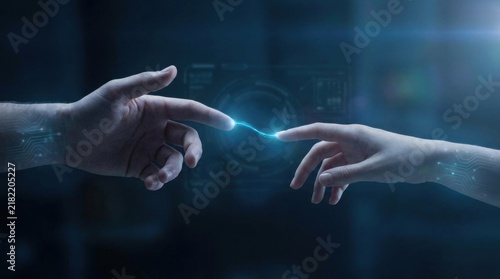 Two Hands Reaching Toward Each Other Connected by Digital Spark of Light
