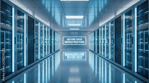 Futuristic Blue LED Server Room Corridor in Modern Data Center