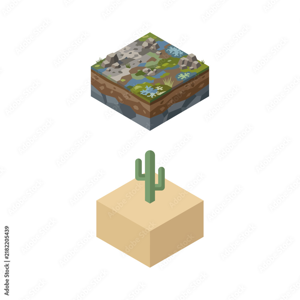 Obraz premium Isometric Illustration Featuring A Detailed Forest Landscape Cube And A Minimalist Desert Cactus Block Design