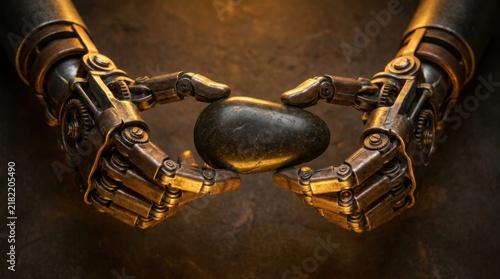 Robotic Mechanical Hands Cupping Smooth Dark Stone for AI Nature Harmony
