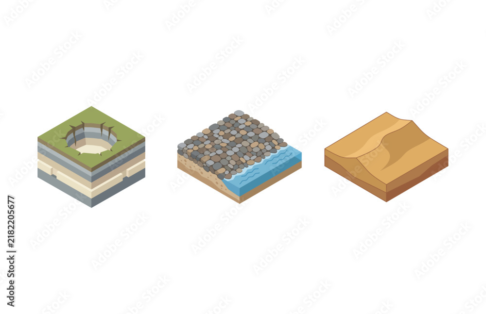 Obraz premium Set of Isometric Land Sections Featuring Geological Layers Water Coastline and Desert Sand Terrain
