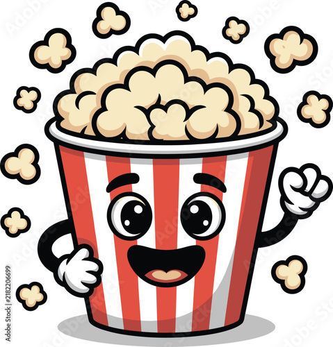 Cute popcorn bucket character waving hand isolated on transparent background fast food snack mascot design illustration funny snack icon.