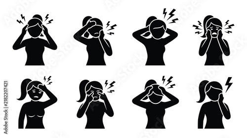 Set of black icons showing women experiencing different types of head and face pain symptoms
