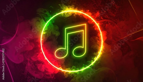 Neon glowing music note symbol on dark background