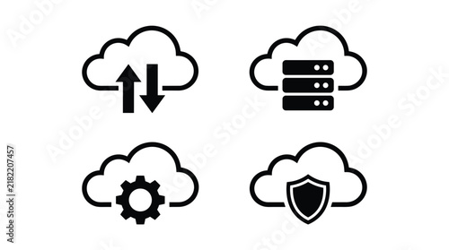 Cloud computing icons set featuring storage networking settings and digital security symbols