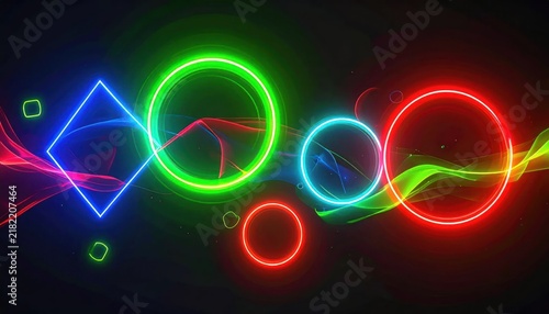 Neon glowing geometric shapes on dark digital background.