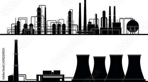 Vector illustration set of industrial factory silhouettes including chemical refinery plant and nuclear power station on white background