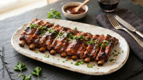 Grilled barbecue pork ribs on a rustic ceramic plate with parsley