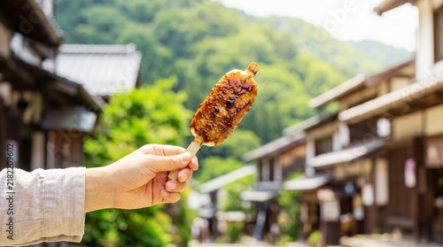 Obraz na płótnie 古い街並みで食べる焼きたての香ばしい五平餅の手元ショット