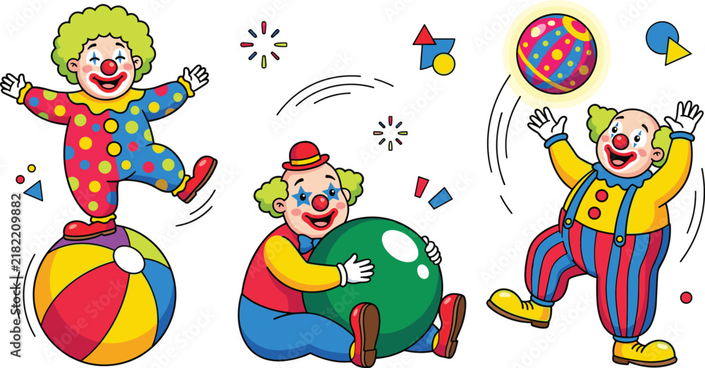 Naklejka premium Colorful Circus Clown Character Set Performing on Balls, Playing with Props and Entertaining Audience in Festive Carnival Style