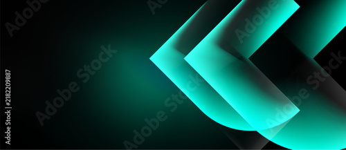 Abstract teal shapes overlap dark background. Modern design evokes movement, depth, technology. Minimalist aesthetic creates sleek visual impact.