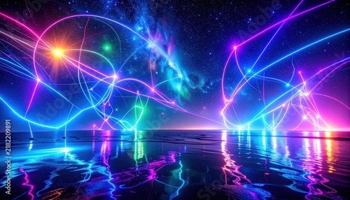 Neon light trails reflecting on dark water surface.