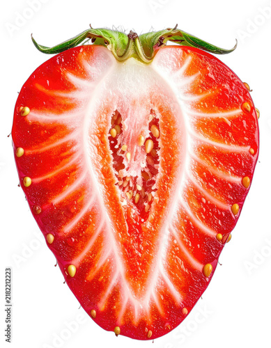 A detailed close-up of a halved strawberry reveals its intricate internal structure and vibrant red flesh.