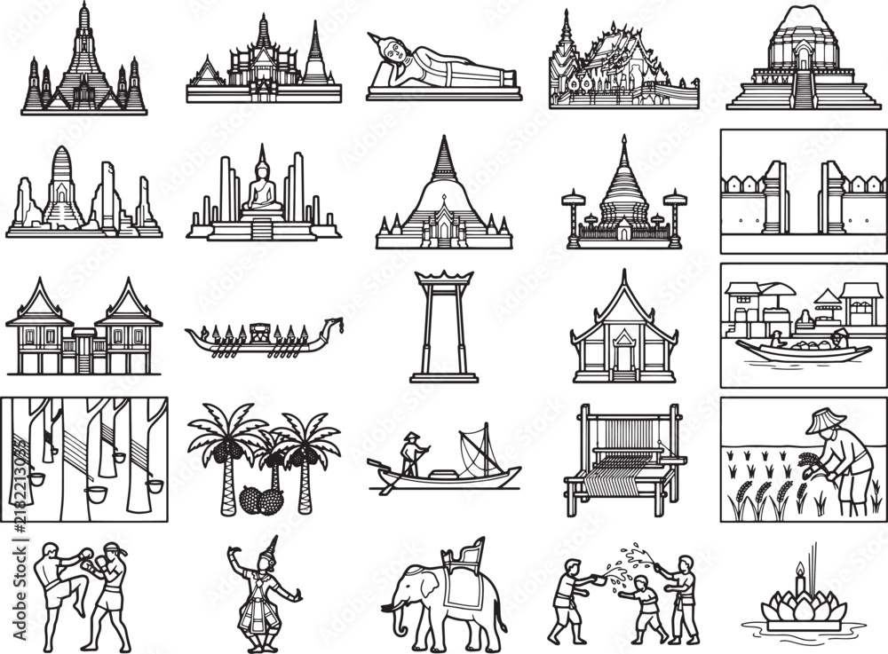 Fototapeta premium A collection of iconic Thai landmarks and cultural scenes depicted in a clean, minimalist line art style, offering a glimpse into the rich heritage and daily life of Thailand.