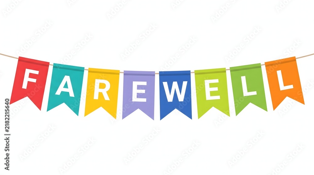 Obraz premium Colorful bunting flags spelling out the word farewell on a white background