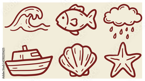 Hand drawn nautical and weather icon set featuring wave fish rain cloud boat seashell and starfish nautical icons ocean wave cute fish fishing boat sea elements seashell starfish