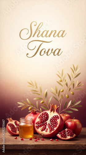 Shana Tova Greeting Card Design Featuring Fresh Pomegranates Honey Jar Red Apples And Olive Branches For Rosh Hashanah Jewish New Year Celebration Festive Still Life Photography With Elegant, Poster