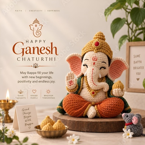 Crocheted lord ganesha idol with festive sweets and lamp for ganesh chaturthi