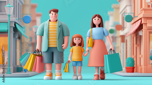 Playful cartoon family with child holding hands and shopping bags on vibrant colorful background