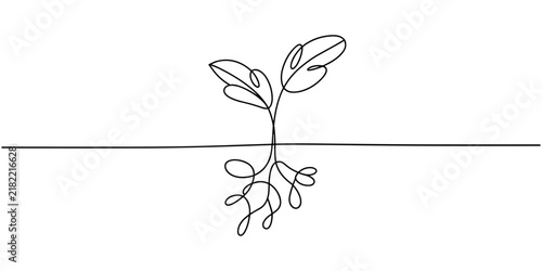 Foto Continuous line drawing of growing plant sprout with roots underground vector il