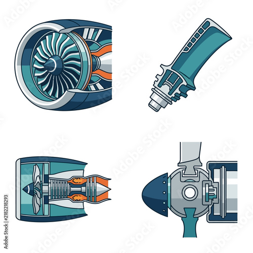 Jet Engine Components and Turbine Blade Illustration.