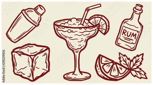 Set of hand drawn cocktail illustrations including rum bottle and lime wedge with cocktail illustration cocktail shaker ice cube margarita glass bar sketch drink icons beverage art
