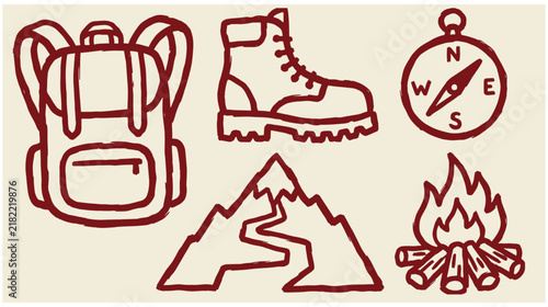 Red ink hand drawn vector illustration set of camping and hiking icons including backpack boot compass mountains and campfire with hiking gear backpack mountains campfire adventure