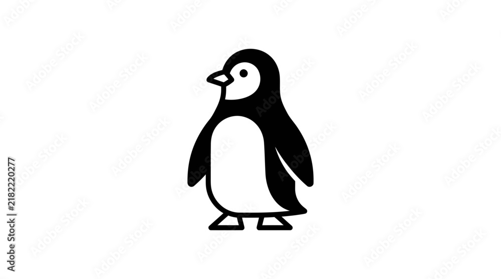 Fototapeta premium A simple black and white cartoon illustration of a standing penguin with a round body and small flippers.