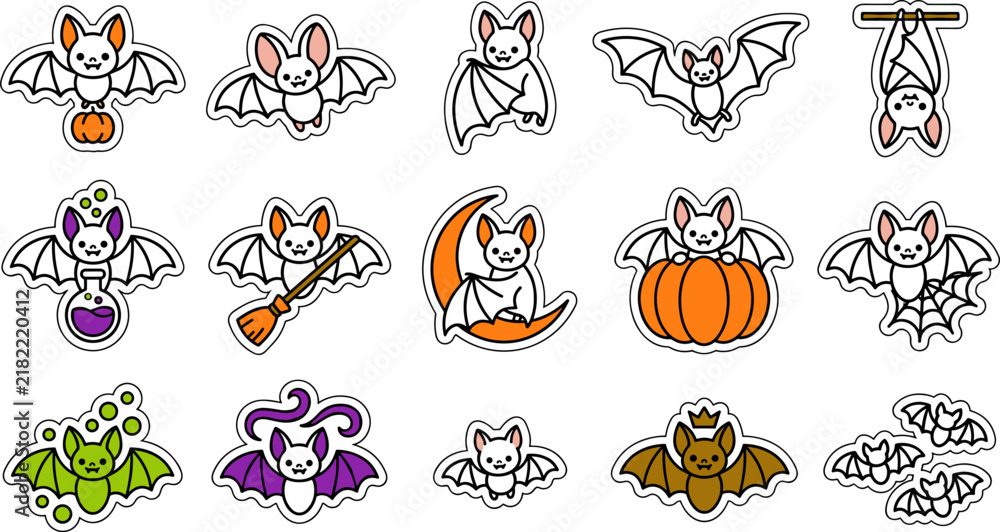 Fototapeta premium Cute White Halloween Bat Stickers Vector Set with Crescent Moon Bat and Spider Web
