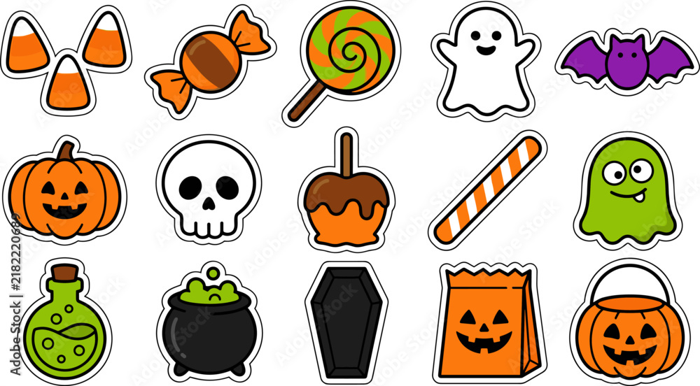 Fototapeta premium Halloween Sweet Treat Stickers Vector Set with Silly Green Ghost and Orange Candy Paper Bag