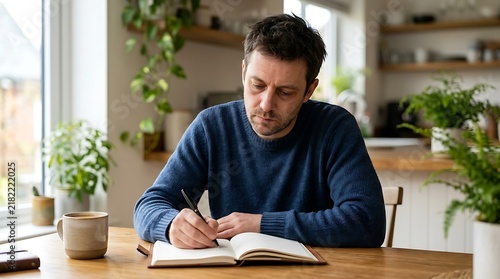 Thoughtful man writing in notebook at home kitchen table