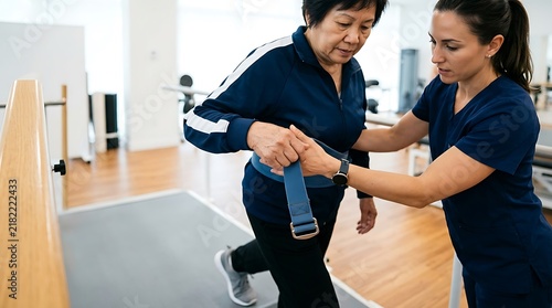 Senior woman practicing gait training with physical therapist