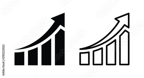 Growth chart icon with ascending bars and upward trending arrow black and white