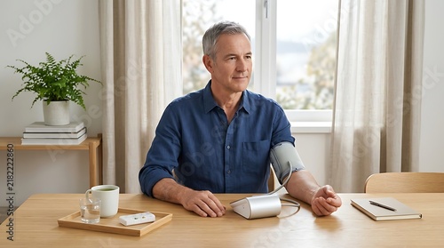 Middle aged man measuring blood pressure at home