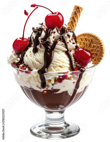 A decadent ice cream sundae topped with whipped cream, chocolate sauce, cherries, and cookies.