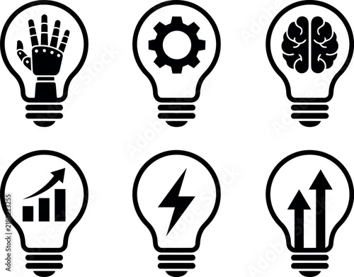 Six black silhouette light bulbs each containing a different conceptual icon