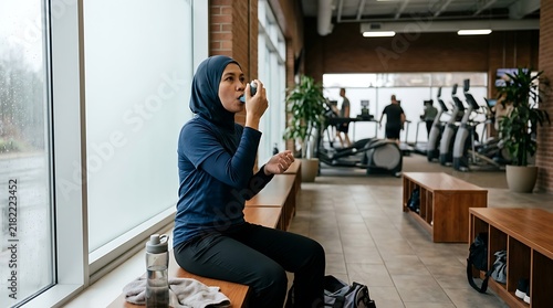 Muslim woman in hijab using asthma inhaler during gym workout