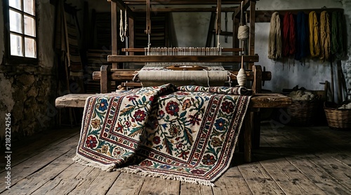 Traditional wooden loom with floral rug in rustic workshop