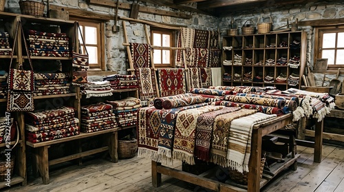 Traditional handmade rugs and textiles displayed in a rustic shop