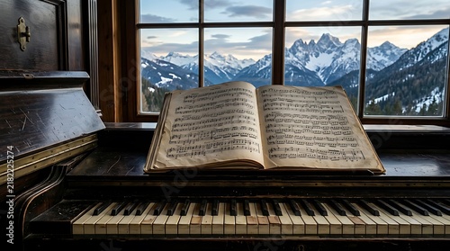 Vintage piano with sheet music overlooking snowy mountains